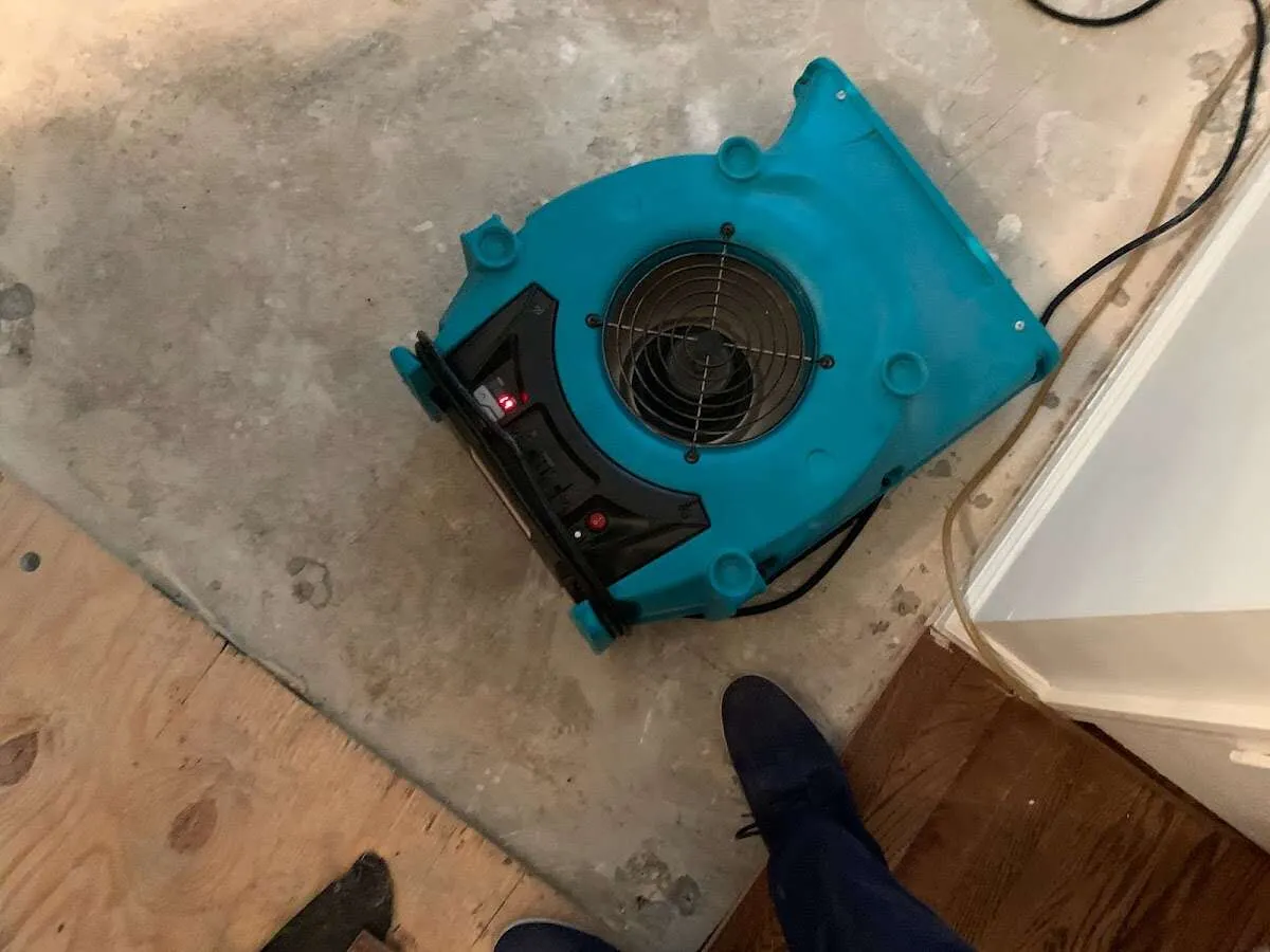 Air mover drying subfloor during Commercial Water Damage Restoration in Claiborne